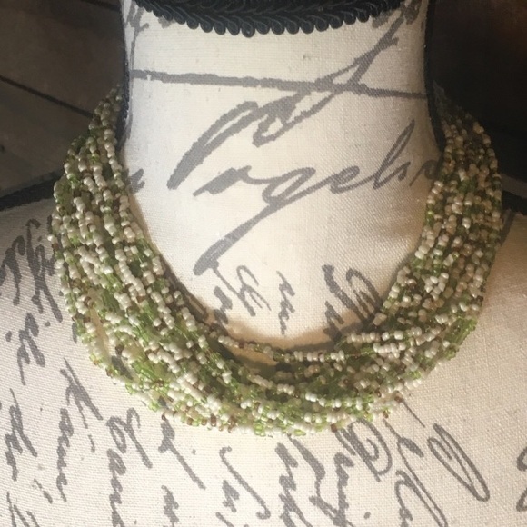 Jewelry - Multi-strand Seed Bead White, Green Brown Necklace